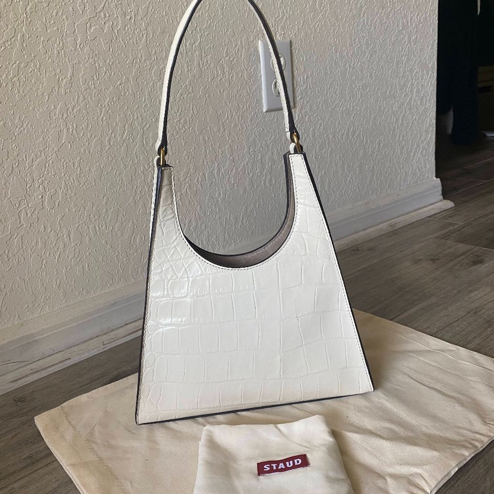 STAUD REY BAG | Embossed Leather Shoulder Bag | White